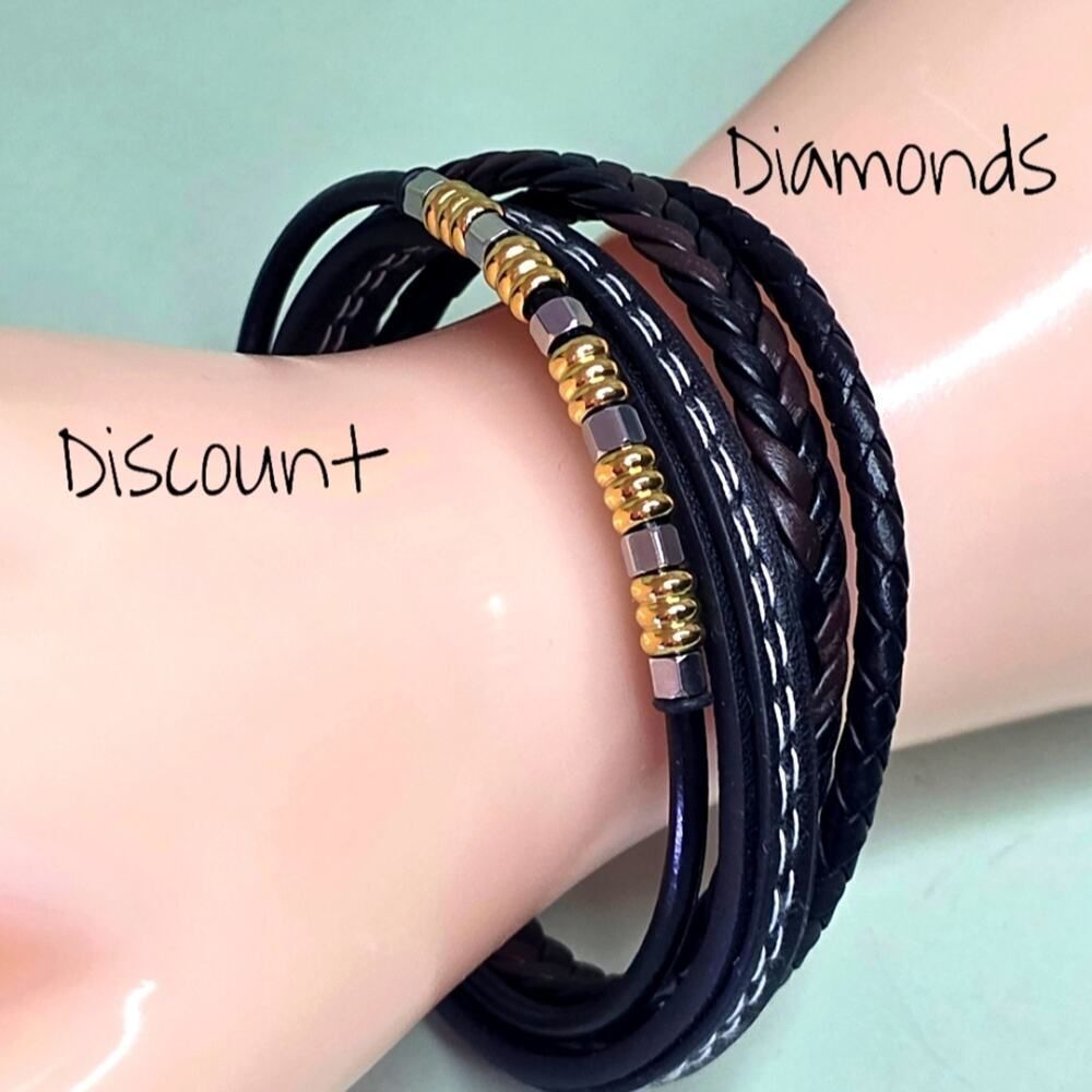 Black & Brown Genuine Braided  Leather & Gold & Silver Titanium